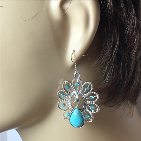 Peacock Drop Earrings Boho Fake Turquoise - Picture 5 of 8